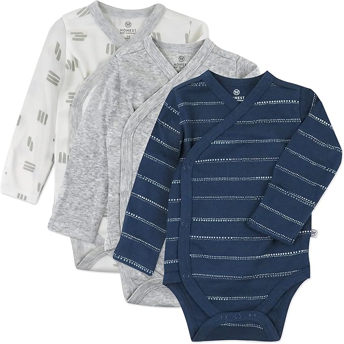 HonestBaby unisex-baby 3-pack Long Sleeve Side-snap Kimono Bodysuits Organic Cotton for Infant Baby Boys, Girls, Unisex