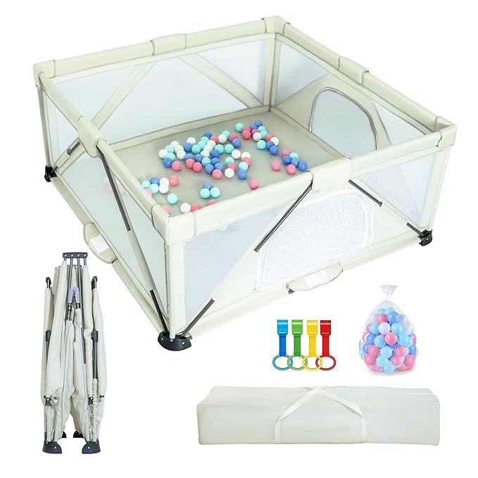 Foldable Baby Playpen 59x71 inch, iTiLike Playpen for Babies and Toddlers with 50 PCS Ocean Balls & 4 Handles, Indoor & Outdoor Kids Safety Play Pen Area, Portable Travel Play Yard (Beige)