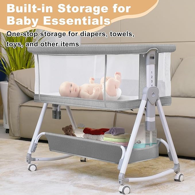 Baby Bassinet,3 in 1 Bedside Bassinet for Baby with Hanging Toys,Foldable Baby Bassinets Bedside Sleeper,4-Sided Mesh Bedside Crib with Wheels and Storage Basket,6 Height Adjustable (Light Grey)