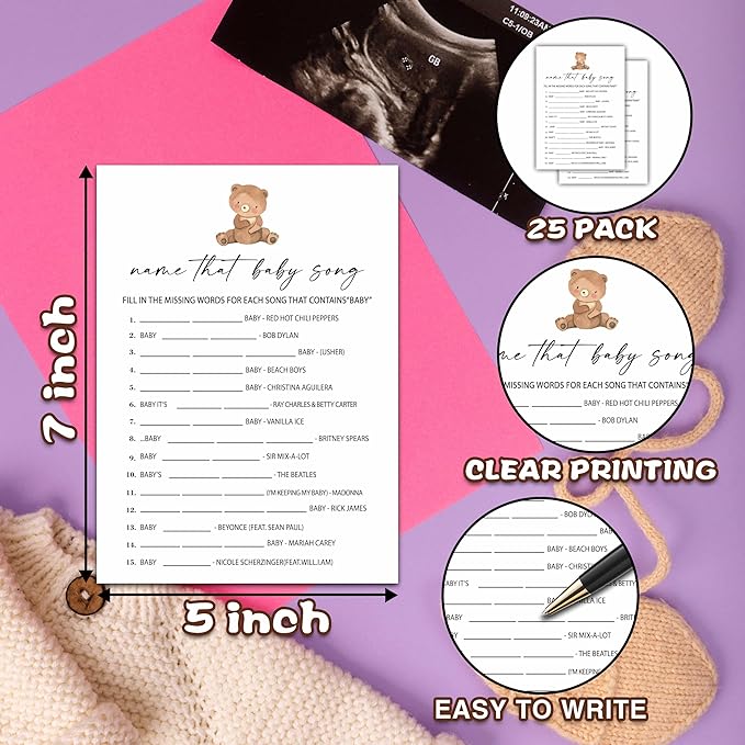 Name That Baby Song Games Set, Minimalism Baby Shower Party Game Card, Boho Bear Themed Gender Neutral Party Ideas Activities, Baby Shower Party Supplies & Decorations -A03