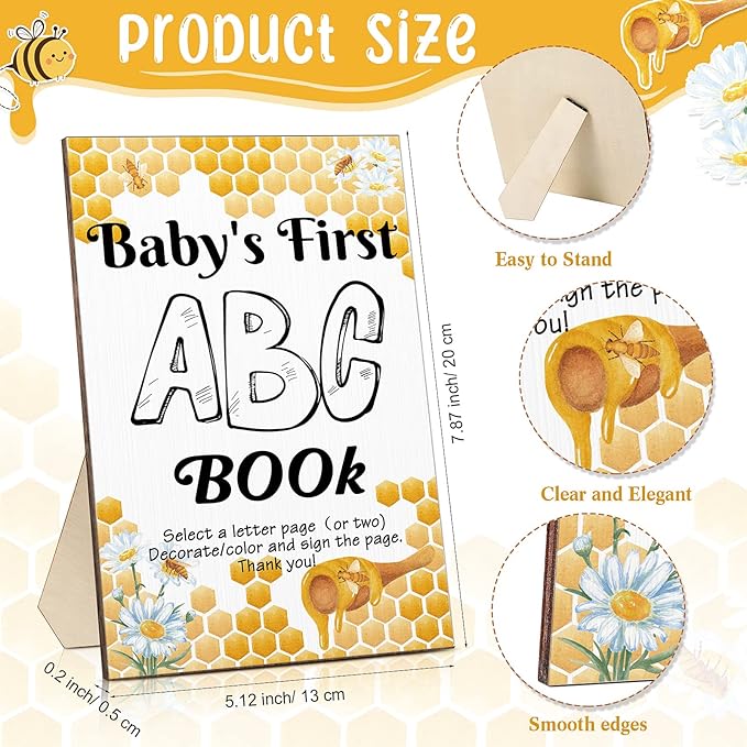 Geelin 51 Pcs Fun Baby Shower Game Activities First ABC Book Sign Coloring Game Card 26 Alphabet a to Z Coloring Card with 24 Watercolor Pen Storage Bag for Baby Shower Party(Bee)