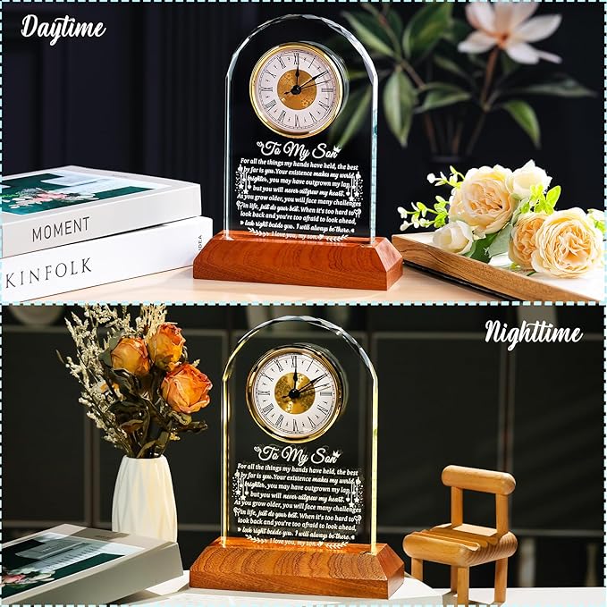 Meaningful Glass Clock Gifts for Son from Mom Dad Graduation with Wooden Light Base I Love You Personalised Glass Plaque Presents for Best Son Birthday Keepsakes for Him Table Decor