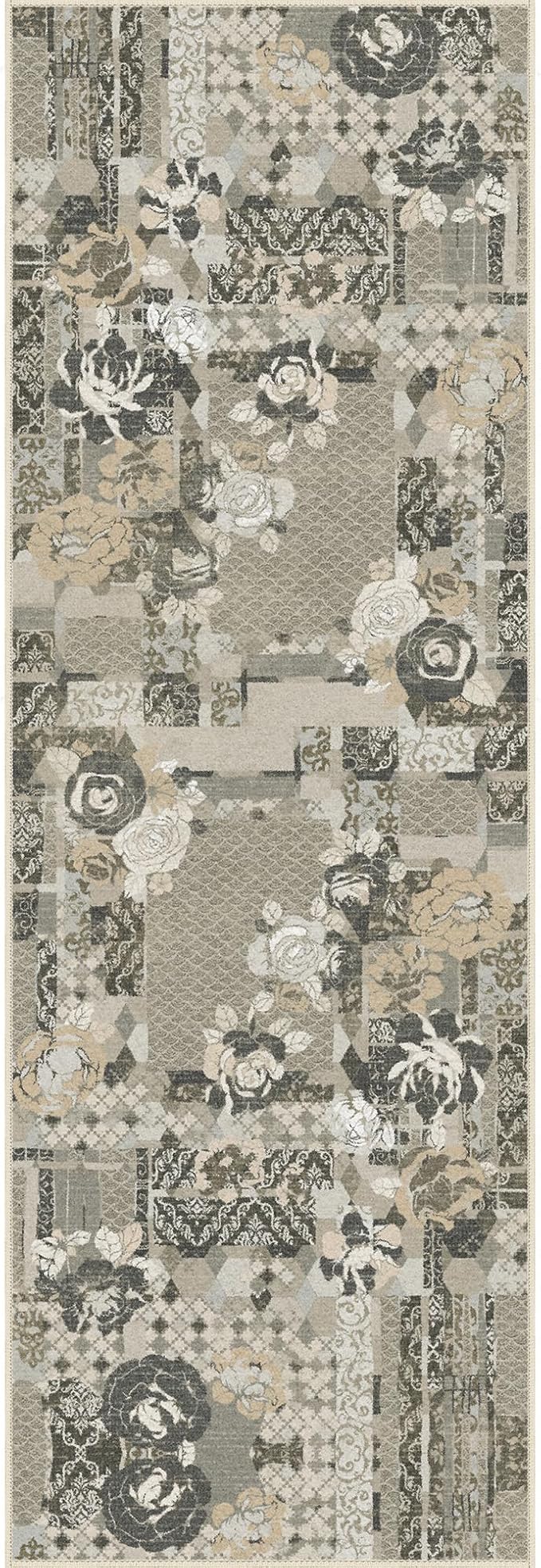 GENIMO Floral Runner Rug 2'6''x8, Machine Washable Non Slip Vintage Patchwork Hallway Runner, Ultra-Thin Low Pile Runners for Indoor Entryway, Hallway, Kitchen and Corridor, Taupe Gray