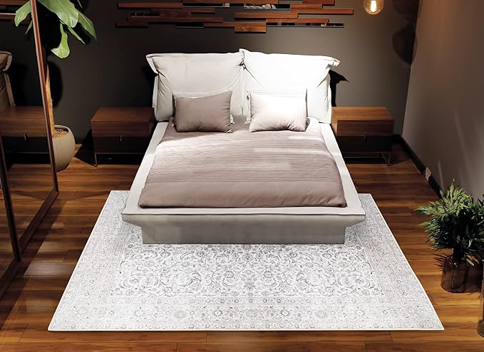 Bloom Rugs Washable Non-Slip 6' x 9' Rug - Beige/Off White Traditional Bordered Area Rug for Living Room, Bedroom, Dining Room, and Kitchen - Exact Size: 6' x 9'