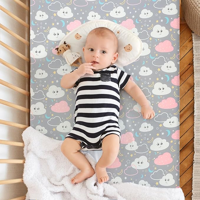 Pack n Play Flat Sheet 2 Piece Mini Crib Sheet Elastic Playard Sheet Set Portable Sheet Set Elastic Convertible Playmat Compatible Graco Pack n Play (Owl and Tree Bag) (Dinosaur Egg)