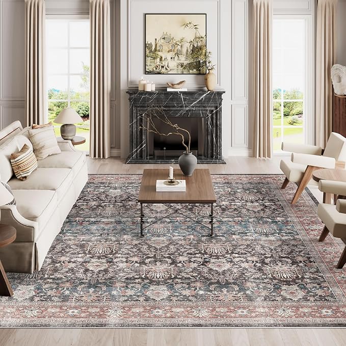 Dripex Washable Rugs 8x10 Area Rug for Living Room - Stain Resistant Distressed Rugs for Bedroom Dining Room Non-Slip Low-Pile Soft Farmhouse Office Home Decor, Pet & Child Friendly