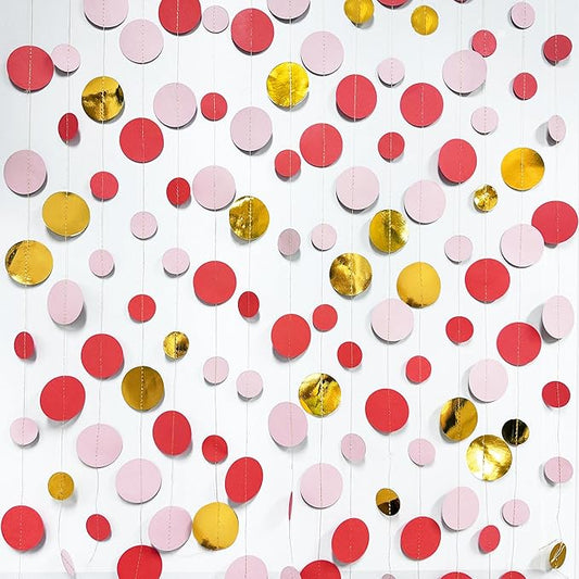 Gold Red Pink Party Decorations Circle Dots Garland Metallic Gold Light Pink with Watermelon Red Hanging Polka Dot Streamer for Women Girl Birthday Bridal Shower Wedding Engagement Hen Party Supplies