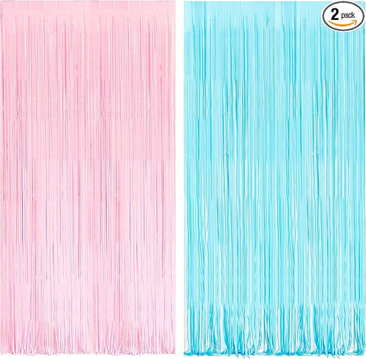 BRAVESHINE Tinsel Photo Backdrop Curtains - 2 Pack 3.2x8.2ft Pastel Pink Blue Foil Fringe Streamer Curtain for Boy or Girl Birthdays Sweet Donuts Easter Party Decorations