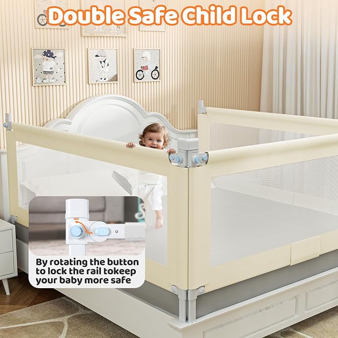 Bed Guard Rail for Toddlers - 74.8" Quick Assembly & Double Side Lift with Safety Child Lock - Adjustable Height Baby Bed Rails for Queen Full King Twin Crib Bunk Size Bed(Beige, 1 Pack)