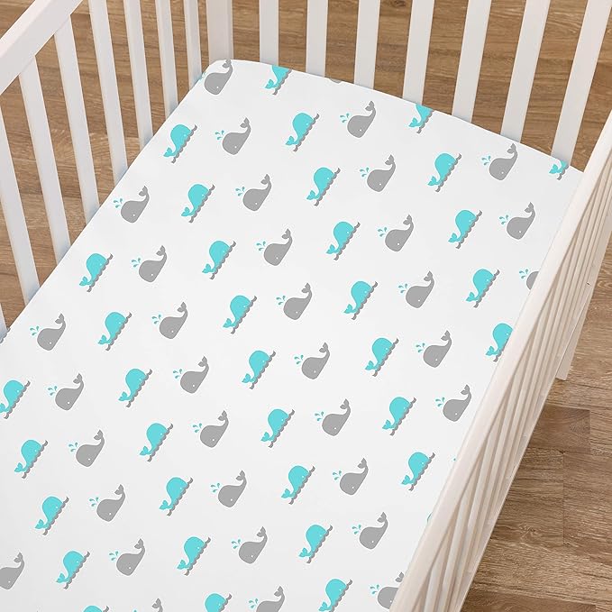 American Baby Company 4 Pack Fitted Crib Sheets 28" x 52", Soft Breathable Neutral 100% Cotton Jersey Sheet, Blue Zigzag/Aqua Whale/Gray/White, for Boys and Girls, Fits Crib and Toddler Bed mattresses