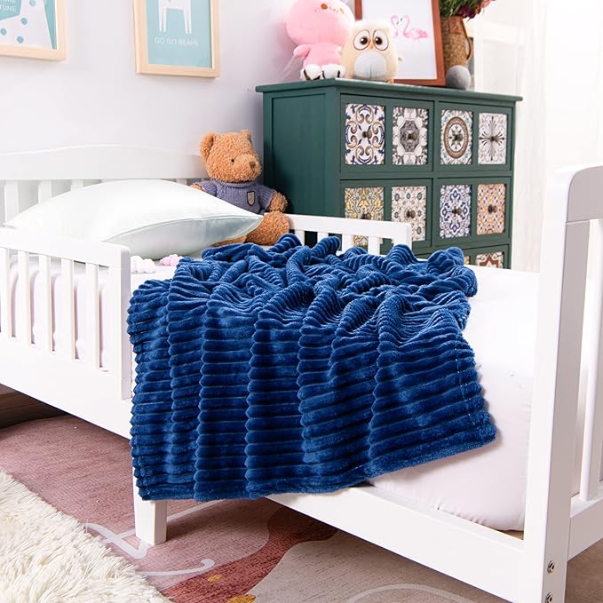 NTBAY Plush Flannel Oversized Baby Blanket, 50X60 Inches Soft and Warm Toddler Blanket with Striped Texture Nursery Bed Blanket for Stroller, Crib, Travel, Baby Gift, 50"x60", Navy Blue