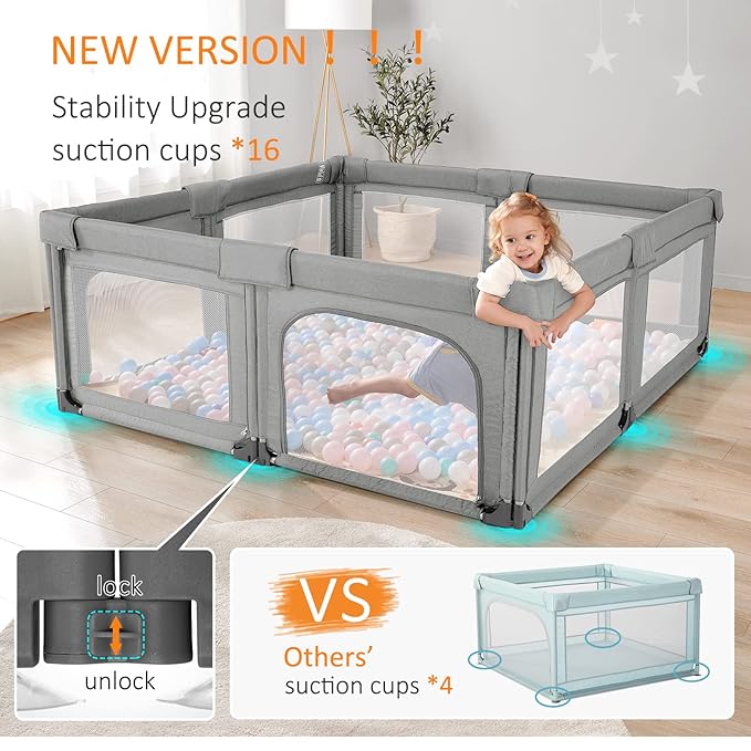 Cholena 79"x59" Foldable Baby Playpen with Bottom – Play Yard for Contained Play Space, Indoor Safety Fence with Zipper Door(Cationic Light Grey)