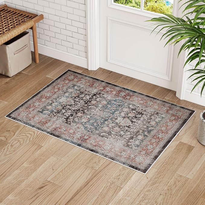 Dripex Vintage Washable Rug 2x3 Indoor Door Mat Non-Slip Bathroom Mat Distressed Low-Pile Small Rug for Front Entrance Kitchen Living Room Bedroom