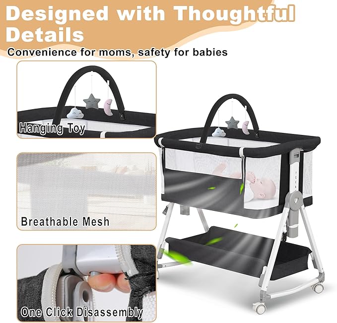 Baby Bassinet,3 in 1 Bedside Bassinet for Baby with Hanging Toys, Portable Foldable Bassinets Bedside Sleeper,4-Sided Mesh Bedside Crib with Wheels and Storage Basket,6 Height Adjustable (Black)