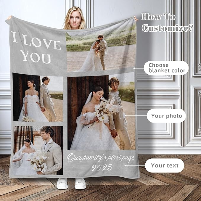 Custom Personalized 9 Photo Collage Blanket Thow Gifts with Text, Customized Pictures Blankets Gift for Christmas Birthday Thanksgiving Adults Kids Dad Mom Girlfriend Boyfriend (4 Wedding)