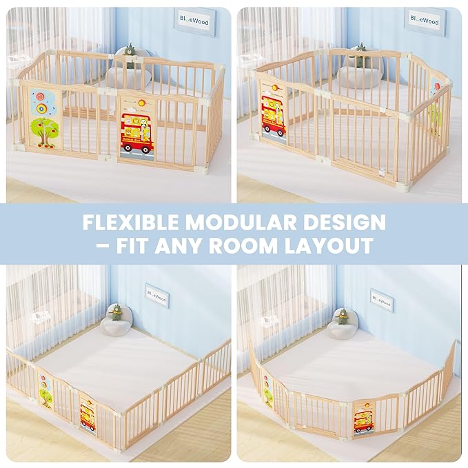 Foldable Wooden Playpen - Adjustable Wood Baby Play Yard with Child-Proof Lock, Indoor Large Safety Fence for Babies and Toddlers - Easy Assembly, 6 Panels with Sensory Toys