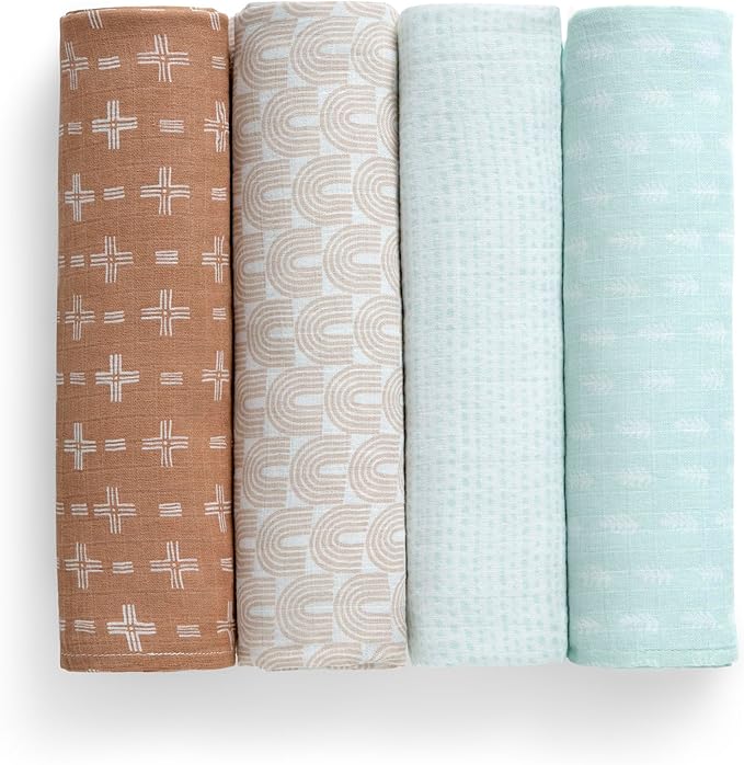 Delta Children 100% Cotton Muslin Baby Receiving Blankets for Girls and Boys – 47x47 Inches (Pack of 4), Neutral Boho