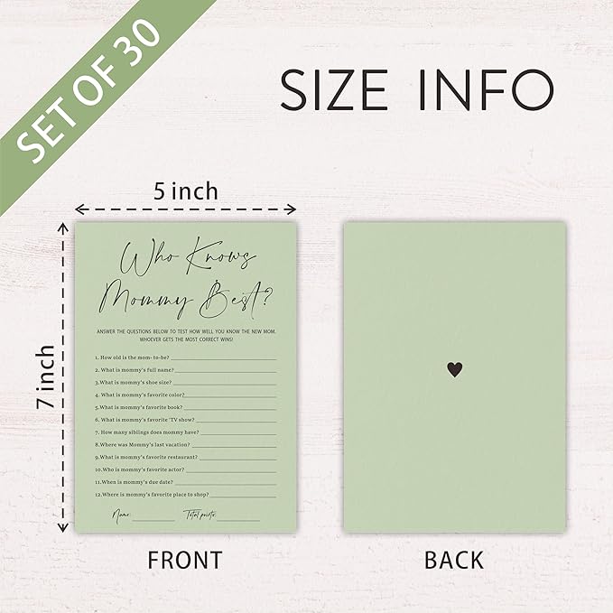 30 Pcs Minimalist Green Shower Game Cards, Who Knows Mommy Best, Games To Play With Family and Friends, Baby Announcement, Gender Reveal Party Supplies - A07