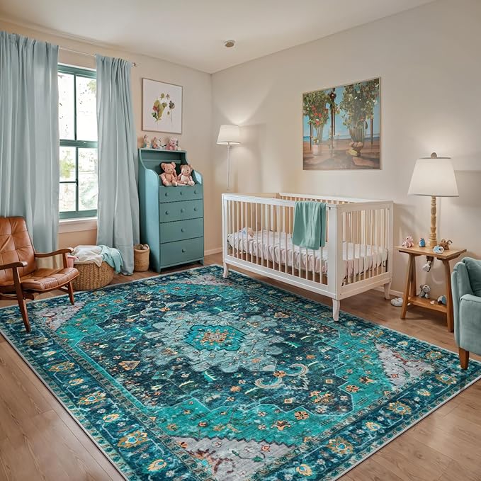 Ciicool Washable Area Rug - 6x9 Vintage Bedroom Dining Room Rug Non-Slip Lining Room, Oriental Throw Low Pile Carpet for Office Kitchen Entryway(Teal/Multi)