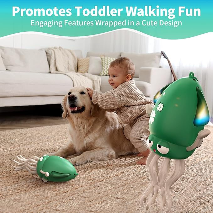 Interactive Dancing Octopus Toy, LED Light-Up Music Crawling Squid with Smart Obstacle Avoidance & Fishing Rod,Tummy Time Baby Toy, Musical Toy for 3 4 5 6 Year Old Boys and Girls(Sky Blue)