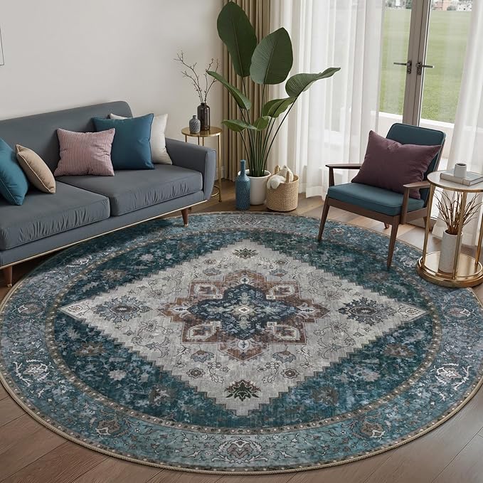 Ciicool Boho Circle Area Rug Washable 6x6ft Round Bedroom Rug Non-Slip Oriental Throw Rug Low-Pile Floor Carpet for Dining Room Living Room