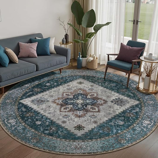 Ciicool Boho Circle Area Rug Washable 6x6ft Round Bedroom Rug Non-Slip Oriental Throw Rug Low-Pile Floor Carpet for Dining Room Living Room