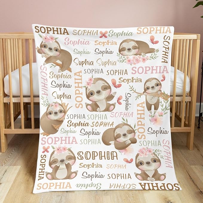 Personalized Baby Blanket for Girls Sloth Custom Baby Blankets with Name Dotted Backing Customized Gifts for New Mom Customize Baby Blanket for Kids Newborn Birthday