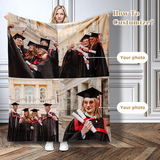 Custom Personalized 9 Photo Collage Blanket Thow Gifts with Text, Customized Pictures Blankets Gift for Christmas Birthday Thanksgiving Adults Kids Dad Mom Girlfriend Boyfriend (4 Graduate)