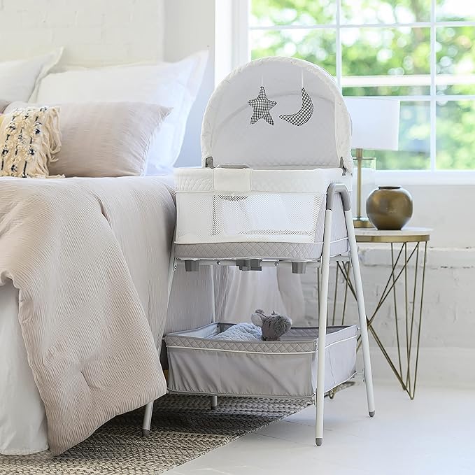 Journey 2-in-1 Convertible Infant Bassinet, Classic Design Baby Crib Sleeper with Storage, Comforting Vibrations, Soothing Lullabies, and Nature Noises (Soft Grey)