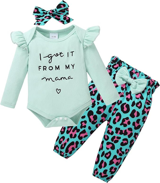 DISAUR Baby Girls Clothes Newborn Infant Baby Girls Outfit Long Sleeve Ruffle Romper Floral Pants Headband Sets 0-18 Months