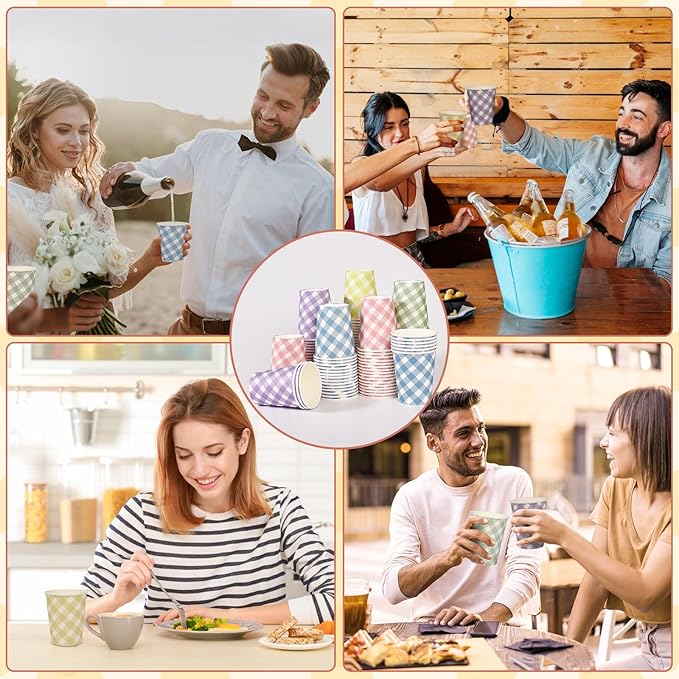 100pcs 9 oz gingham party Paper cups, 5 Colors Disposable Plaid Paper Checkered Cups for Wedding Birthday Party, Travel, Baby Shower Picnic