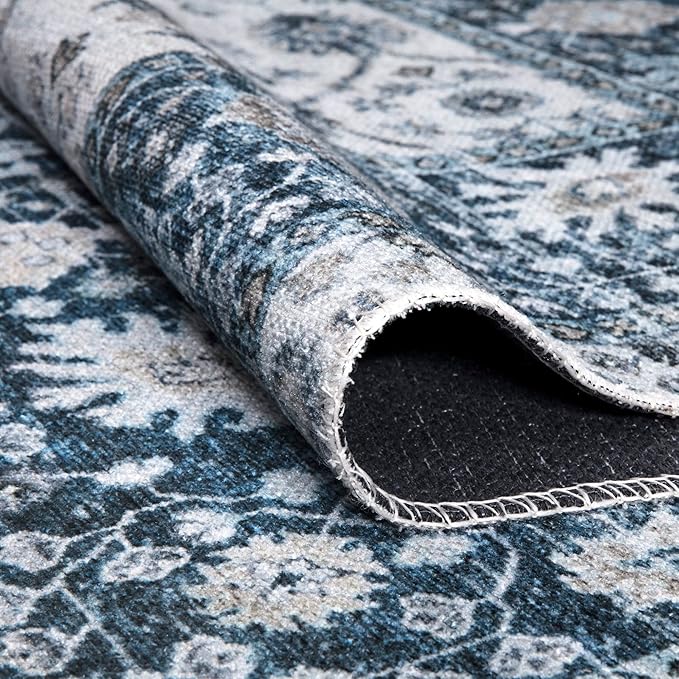 Bloom Rugs Caria Washable Non-Slip 10 ft Runner - Navy Blue Traditional Bordered Runner for Entryway, Hallway, Bathroom, and Kitchen - Exact Size: 2'6" x 10'