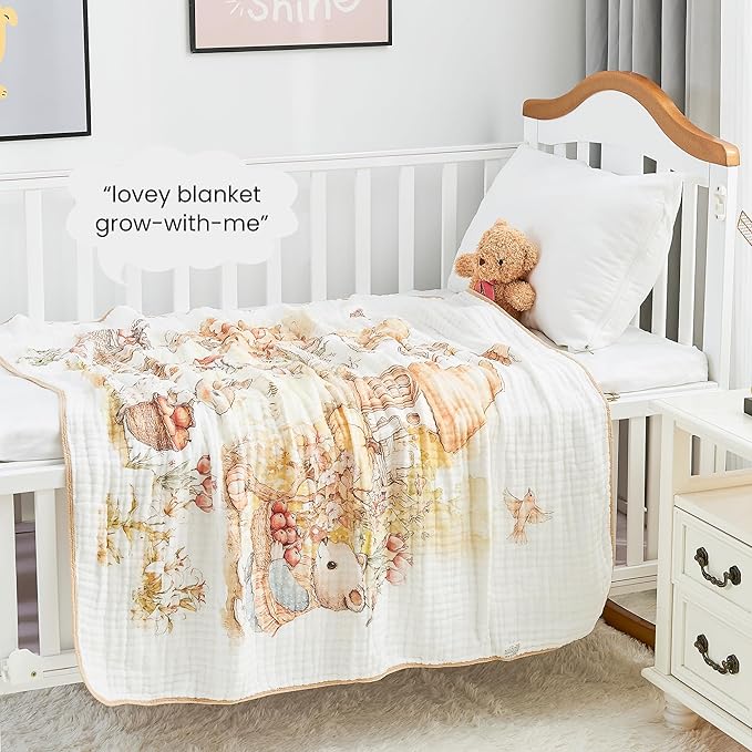 Luxury Muslin Baby Blanket, Cozy Swaddle, 6-Layer Cotton Receiving Blanket for Newborn Infant, 43x43 Inch Lightweight Breathable Crib Blanket, Nursery Stroller Toddler Quilt, Rabbits