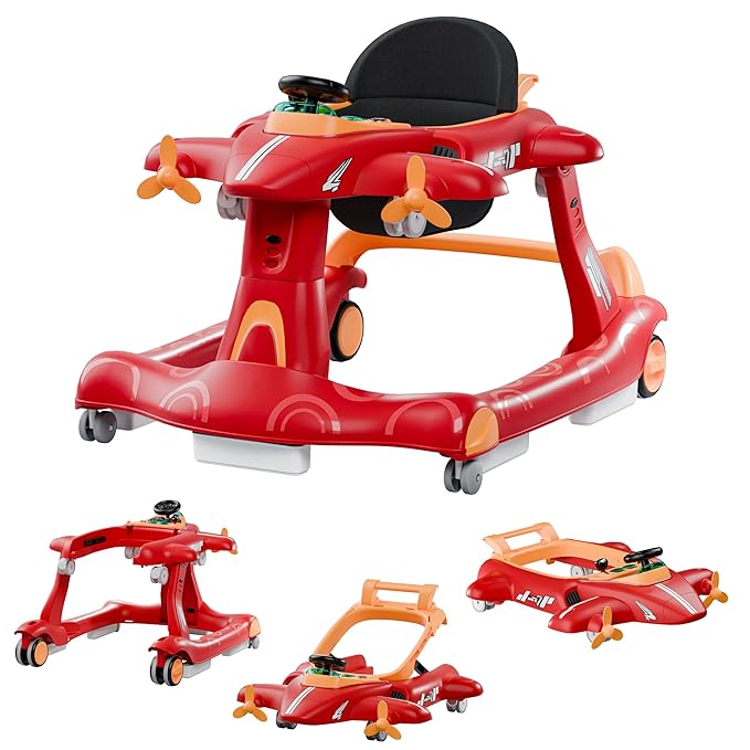 Xilingol 6-in-1 Baby Walker with Wheels, Adjustable Height & Speed Activity Walker with Padded Seat, Foldable Walker for Babies, Toddler Push Walkers for Boy & Girl 6-18 Months, Music & Light