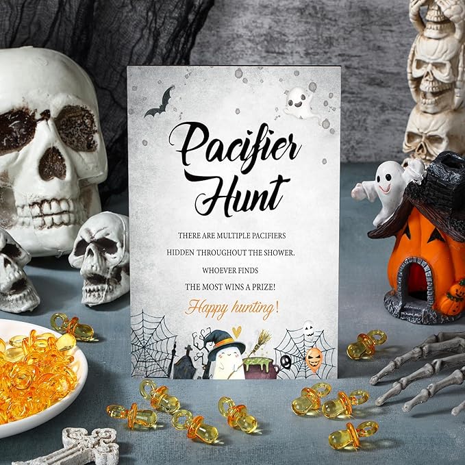 Thyle 51 Pcs Halloween Baby Shower Decorations Pacifier Hunt Baby Shower Games Set Include Hunt Sign and 50 Acrylic Pacifiers for Halloween Party Decoration Gift Sets Gender Reveal Party Decor