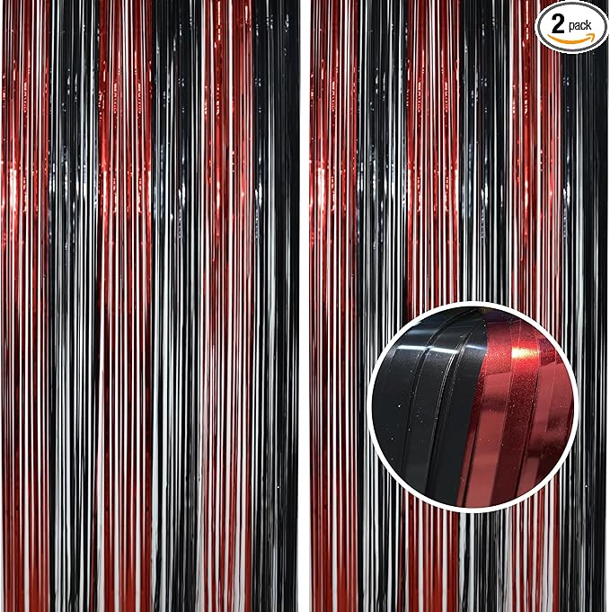 BRAVESHINE Tinsel Photo Backdrop Curtains - 2 Pack 3.2x8.2ft Black Red Foil Fringe Streamer Curtain for Halloweens, Lantern, Pumpkin, Home, Indoor or Outdoor Party Supplies Decorations
