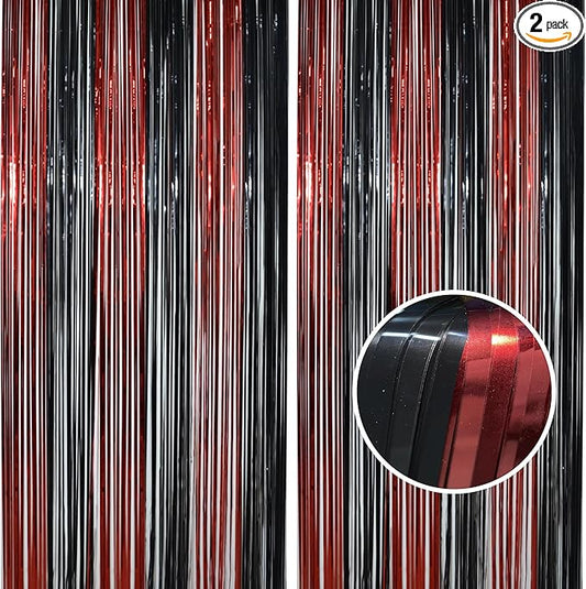 BRAVESHINE Tinsel Photo Backdrop Curtains - 2 Pack 3.2x8.2ft Black Red Foil Fringe Streamer Curtain for Halloweens, Lantern, Pumpkin, Home, Indoor or Outdoor Party Supplies Decorations