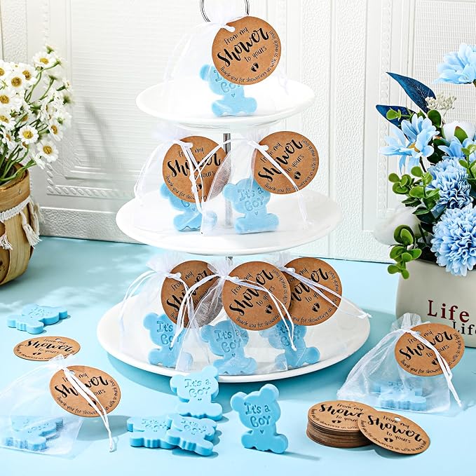 50 Sets Baby Shower Soap Favors for Guests Boy Girl Mini Handmade Scented Soaps with Thank You Tags and Organza Bags for Shower Gender Reveal Party Favors(It's A Boy,Blue Bear)