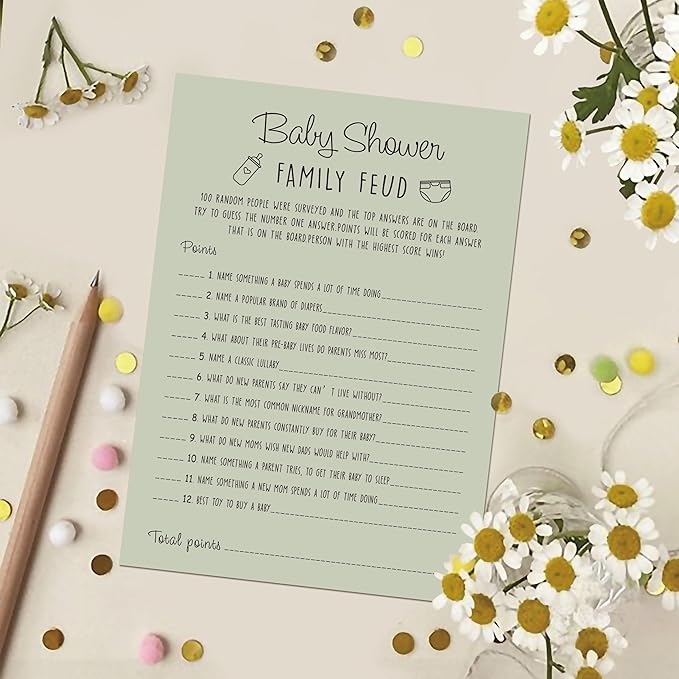 Baby Shower Family Feud Game - Pack of 30 Game Cards 1 Answer Key, Baby Shower Game for Boy & Girl, Gender Neutral Baby Shower Decorations, Baby Feud Game Supplies-01E-Atrovirens