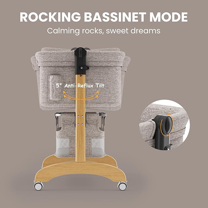 Baby Bassinet, Bedside Bassinet for Baby, 3 in 1 Adjustable Height Bedside Sleeper with Wheels, Breathable Mesh, Easy Folding Portable Crib, Rocking Mode & Storage Basket for Newborn Infants