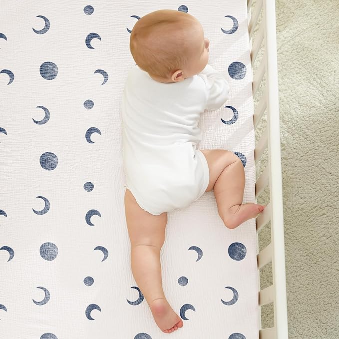 Bearmoss Muslin Mini Crib Sheets for Pack N Play Mattress - 100% Cotton - 38"x26" Soft Breathable Playard Baby Crib Sheets Neutral for Boys Girls - 2 Pack (Blue Crescent)
