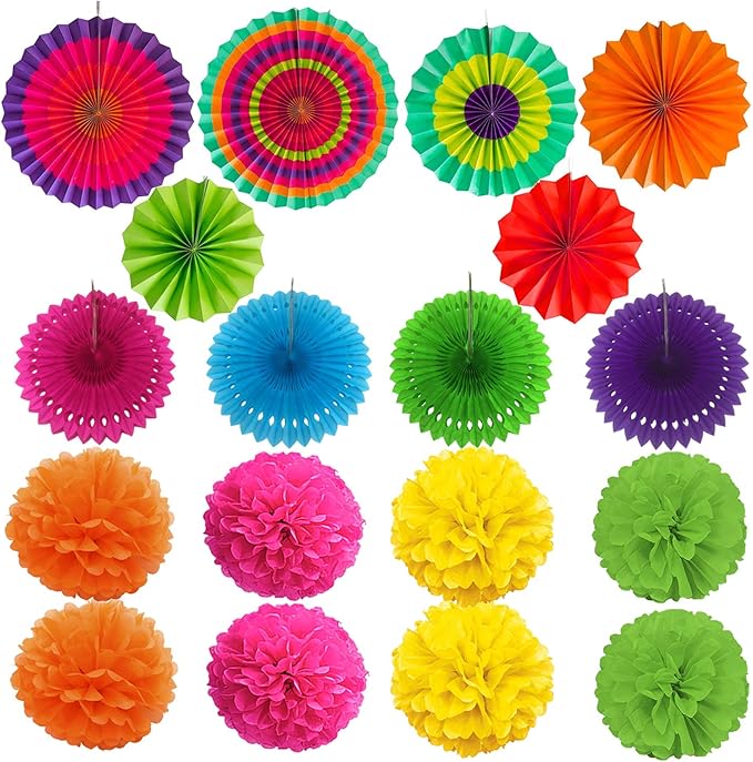 ZERODECO Party Decoration, 21 Pcs Multi-color Hanging Paper Fans, Pom Poms Flowers, Garlands String Polka Dot and Triangle Bunting Flags for Birthday Parties, Wedding Décor, Fiesta or Mexican Party