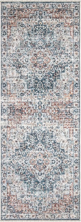 Bloom Rugs Caria Washable Non-Slip 12 ft Runner - Terracotta/Teal Traditional Runner for Entryway, Hallway, Bathroom, and Kitchen - Exact Size: 2'6" x 12'