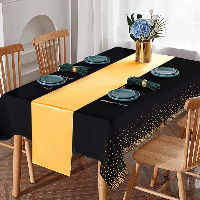8Pack Disposable Plastic Tablecloths and Satin Table Runner Set Black Gold Dot Table Cloth Gold Satin Table Runner for Graduation Wedding Birthday Baby Shower Anniversary Holiday Party Decorations