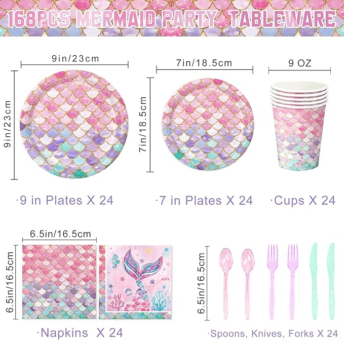 168Pcs Mermaid Birthday Decorations Mermaid Party Supplies Includes Plates, Napkins, Cups, Cutlery for Girls Baby Shower Ocean Birthday Party Decorations, Serves 24