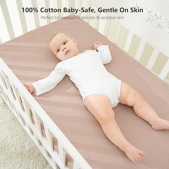 Bearmoss Muslin Mini Crib Sheets for Pack N Play Mattress - 100% Cotton - 38"x26" Soft Breathable Playard Baby Crib Sheets Neutral for Boys Girls - 2 Pack (Pink Star)