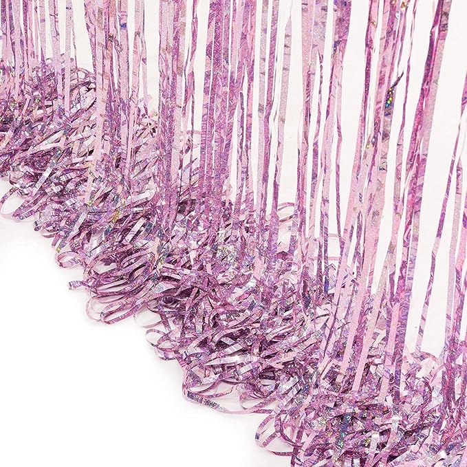 BRAVESHINE Pink Streamers Tinsel Foil Fringe Curtains - 2Pcs 3.2x8.2ft Metallic Photo Booths Backdrop for Girl/Princess/Birthday/Bridal Shower/Engagement/Bachelorette/Boo/Halloween Party Decorations