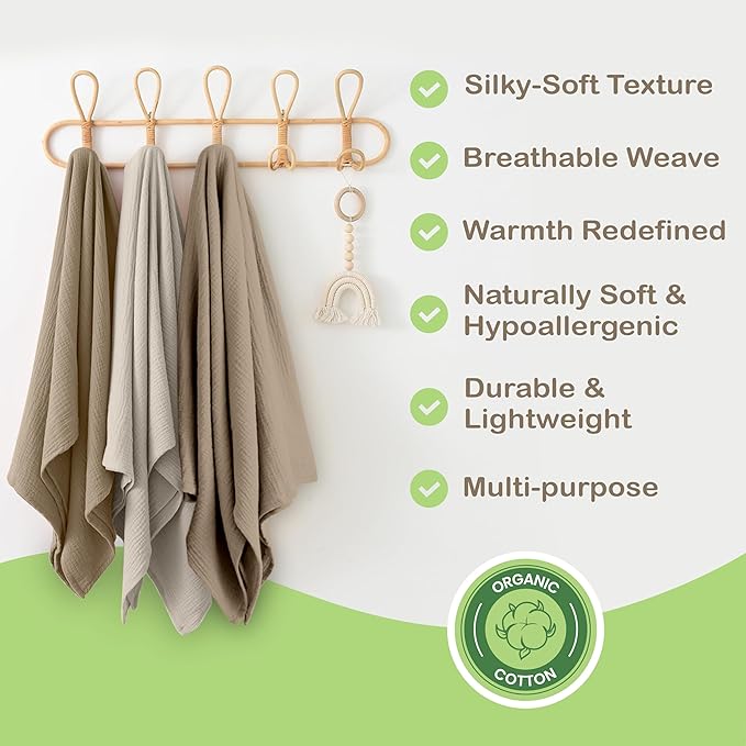 Organic Cotton Muslin Baby Blanket - 47x47 Inch Breathable Swaddle, Hypoallergenic Double-Layer, Versatile Use (Olive/Ivory, 47x47 Inch)