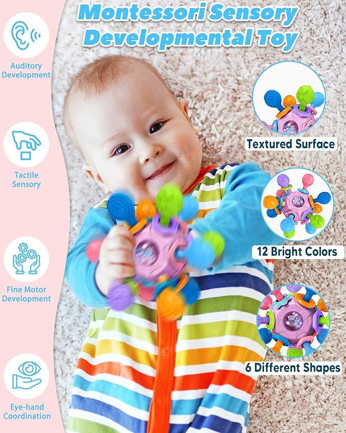 Baby Teething Toys Teethers for Babies Infant Baby Girl Toys Gifts, Newborn Rattles Chew Toys Sensory Learning Montessori Toys for Babies - Purple