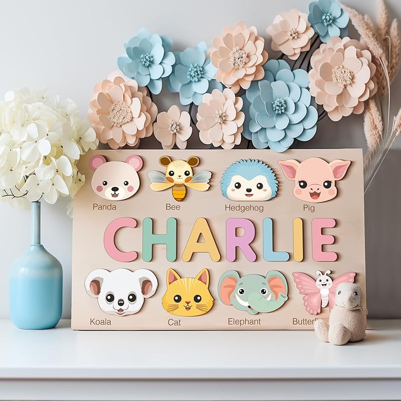 Custom Baby Name Puzzle with Animals, Baby Girl and Boy Gift, Personalized Puzzles for Toddlers, 3 6 9 12 15 18 24 36 Months Toy, Custom Baby Gift, Boy and Girl Personalized Wood Toy, Christmas Gift